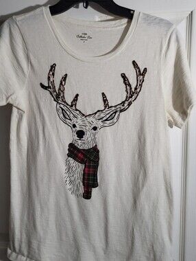 J Crew Collecter tee,  Cream Tee with Deer Graphic and Plaid Scarf, Holiday Tee
